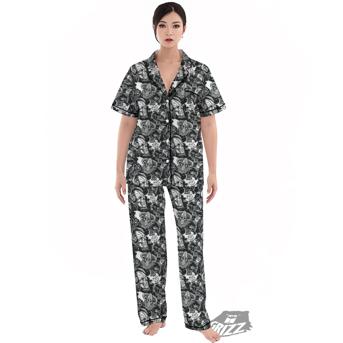 Skulls in Viking Helmets Print Pattern Women's Pajamas Set-grizzshop