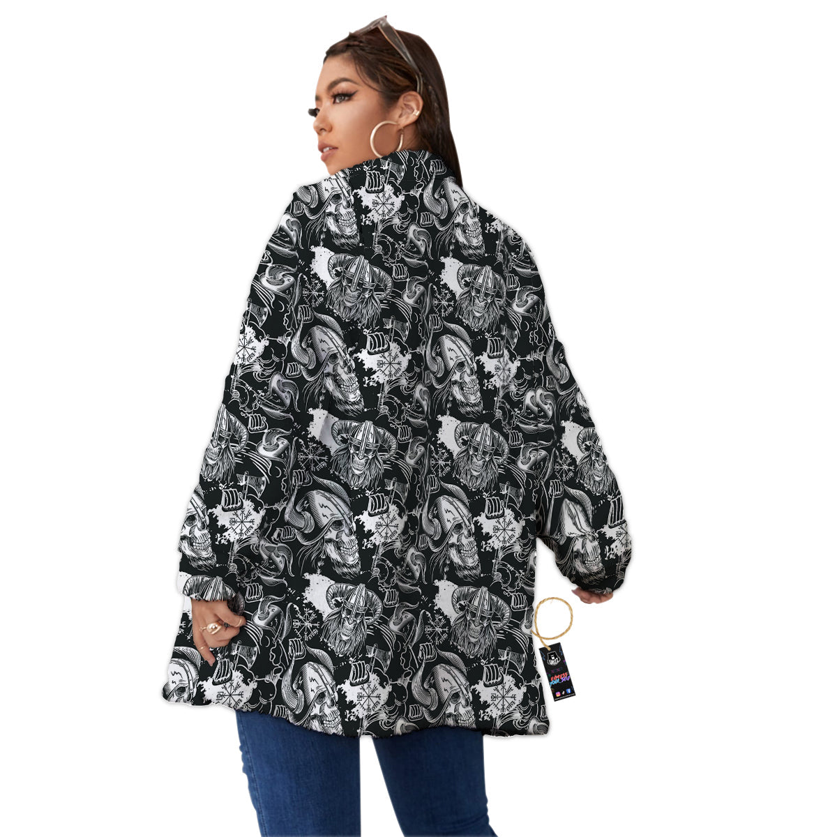 Skulls in Viking Helmets Print Pattern Women's Sherpa Jacket-grizzshop