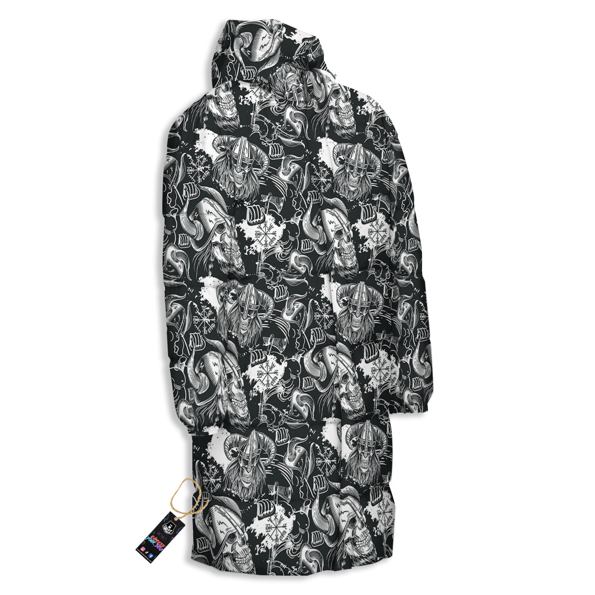 Skulls in Viking Helmets Print Pattern Long Down Jacket