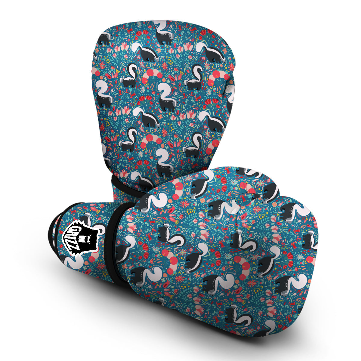 Skunk And Floral Print Pattern Boxing Gloves-grizzshop