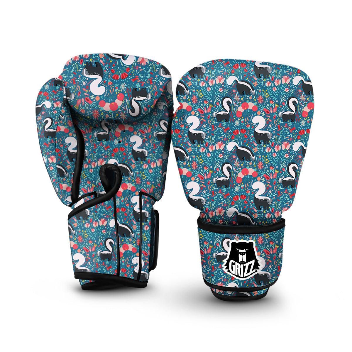 Skunk And Floral Print Pattern Boxing Gloves-grizzshop