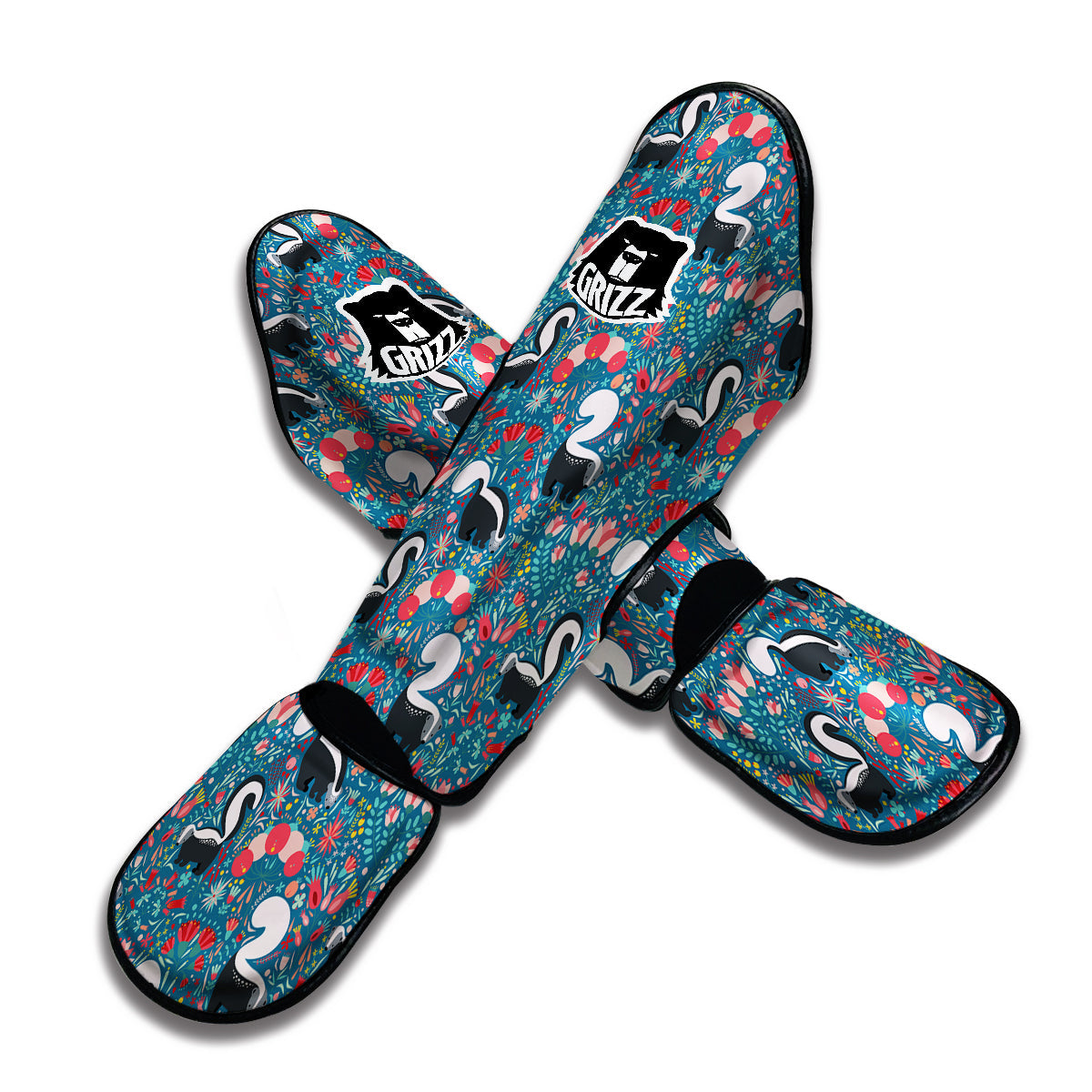 Skunk And Floral Print Pattern Muay Thai Shin Guards-grizzshop