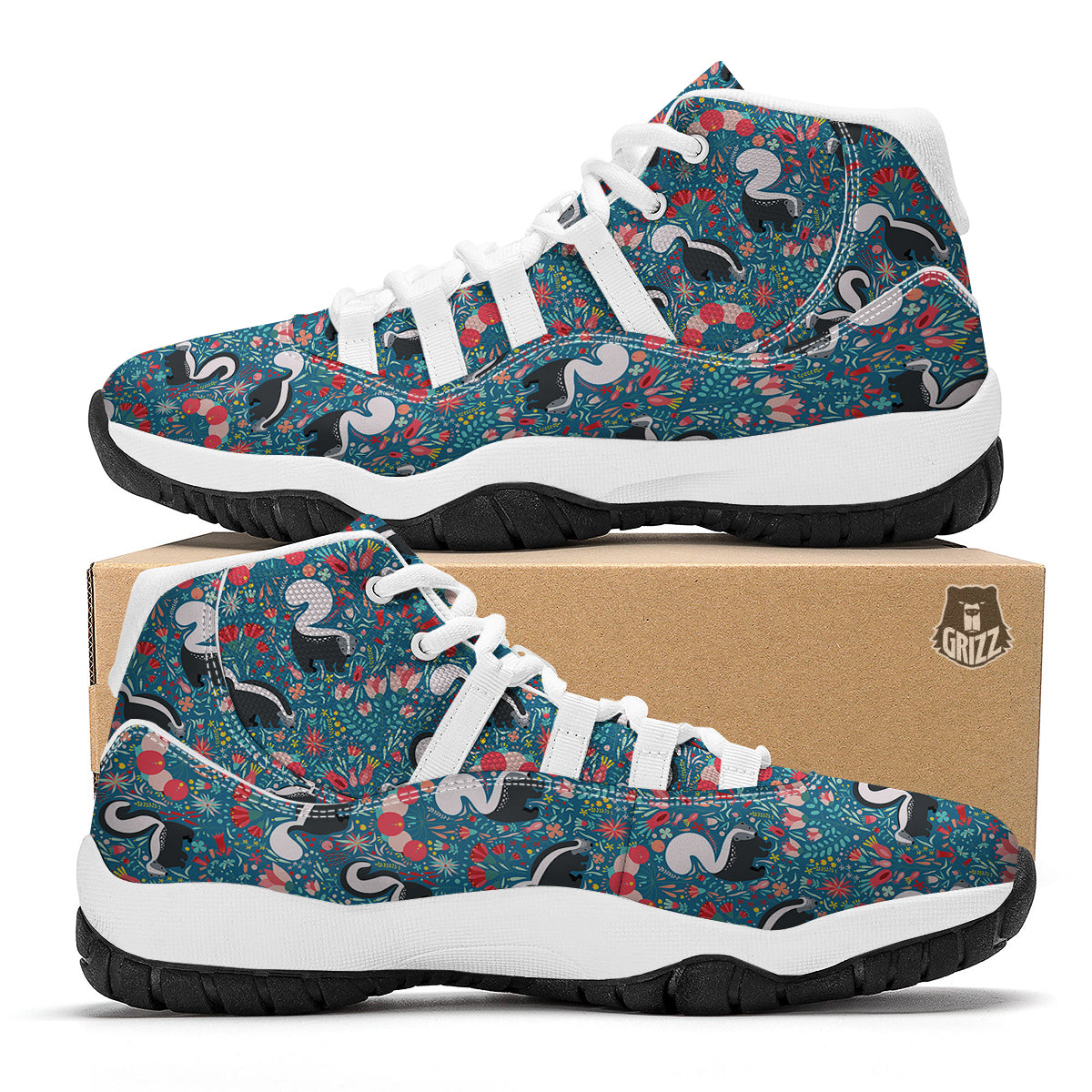 Skunk And Floral Print Pattern White Bball Shoes-grizzshop