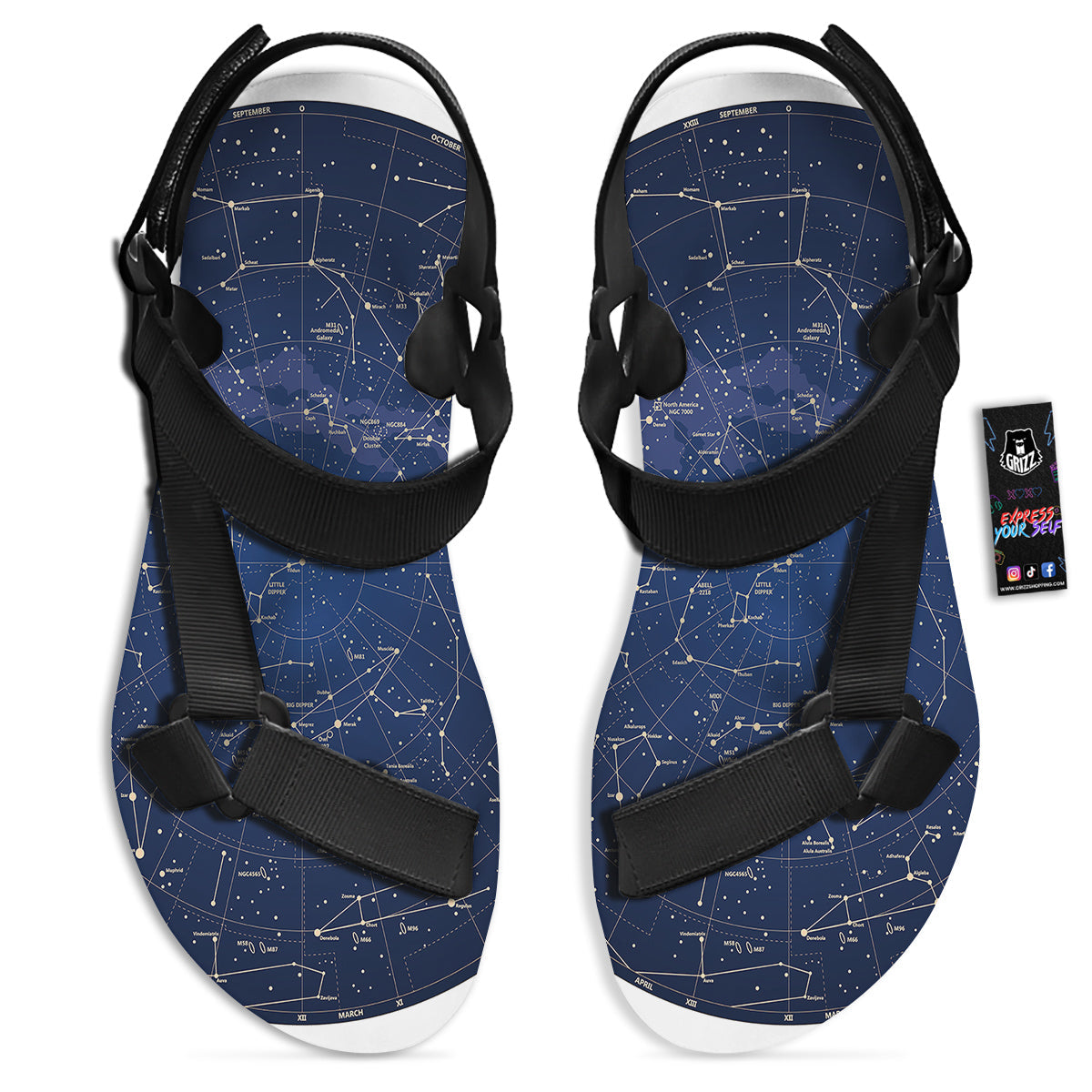 Sky Map Constellation Print Black Open Toe Sandals-grizzshop