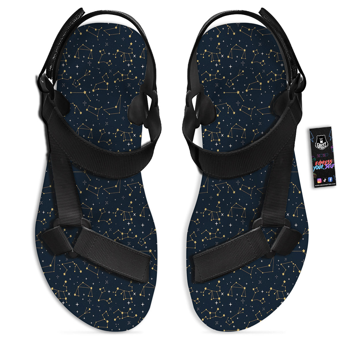 Sky Map Constellation Print Pattern Black Open Toe Sandals-grizzshop