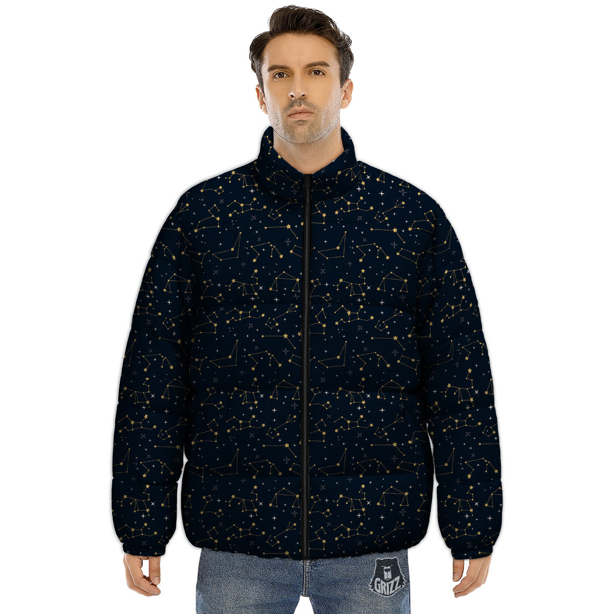Sky Map Constellation Print Pattern Puffer Jacket-grizzshop