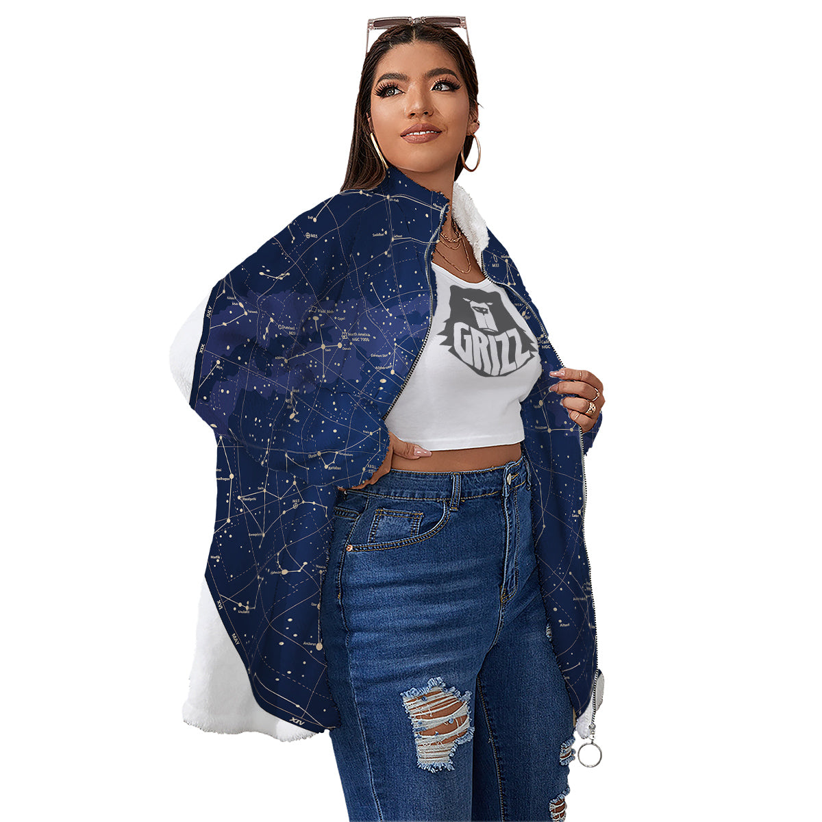 Sky Map Constellation Print Women's Sherpa Jacket-grizzshop