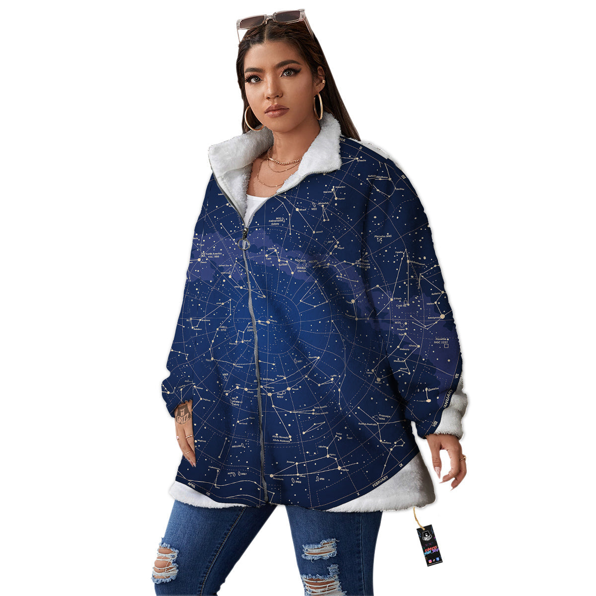 Sky Map Constellation Print Women's Sherpa Jacket-grizzshop