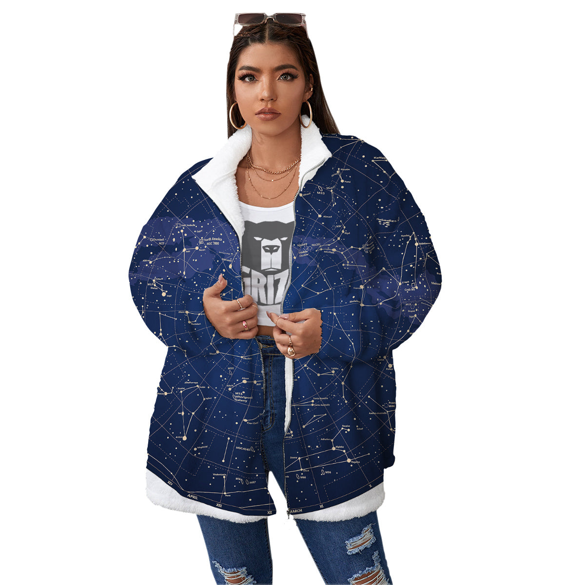 Sky Map Constellation Print Women's Sherpa Jacket-grizzshop