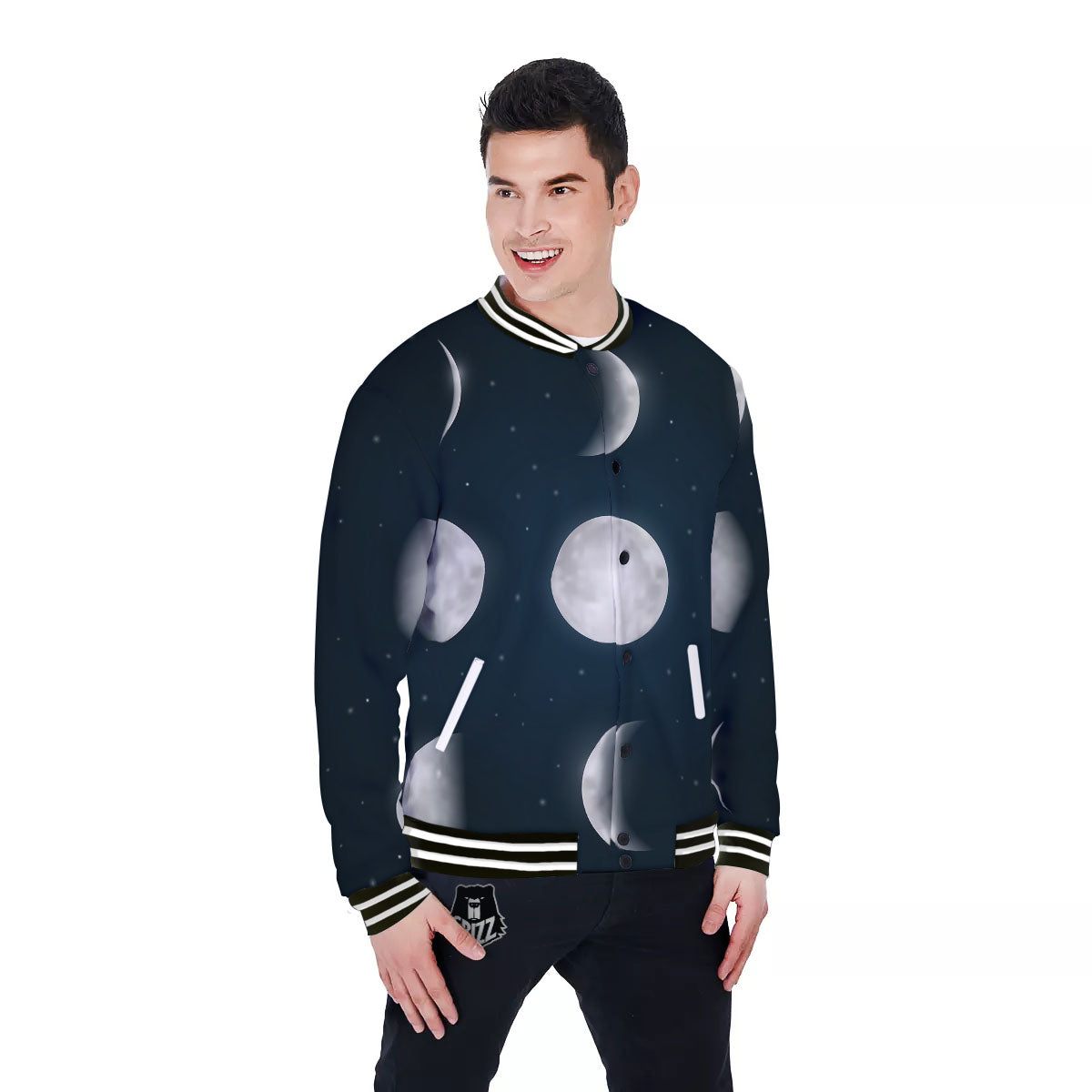 Sky Moon Night Phase Print Baseball Jacket-grizzshop