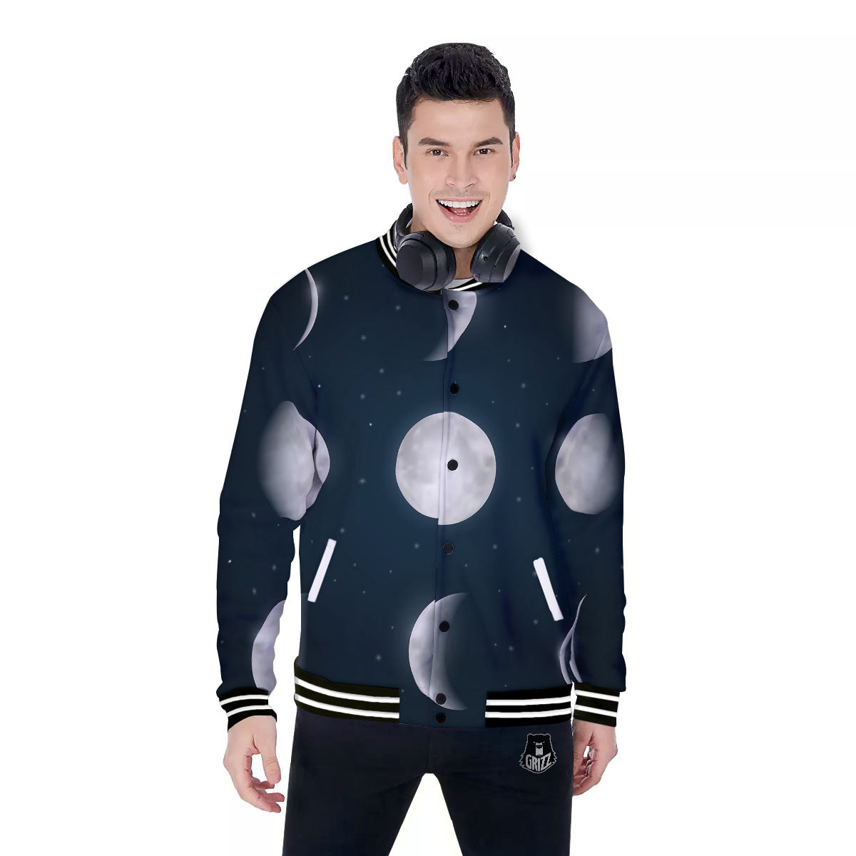 Sky Moon Night Phase Print Baseball Jacket-grizzshop