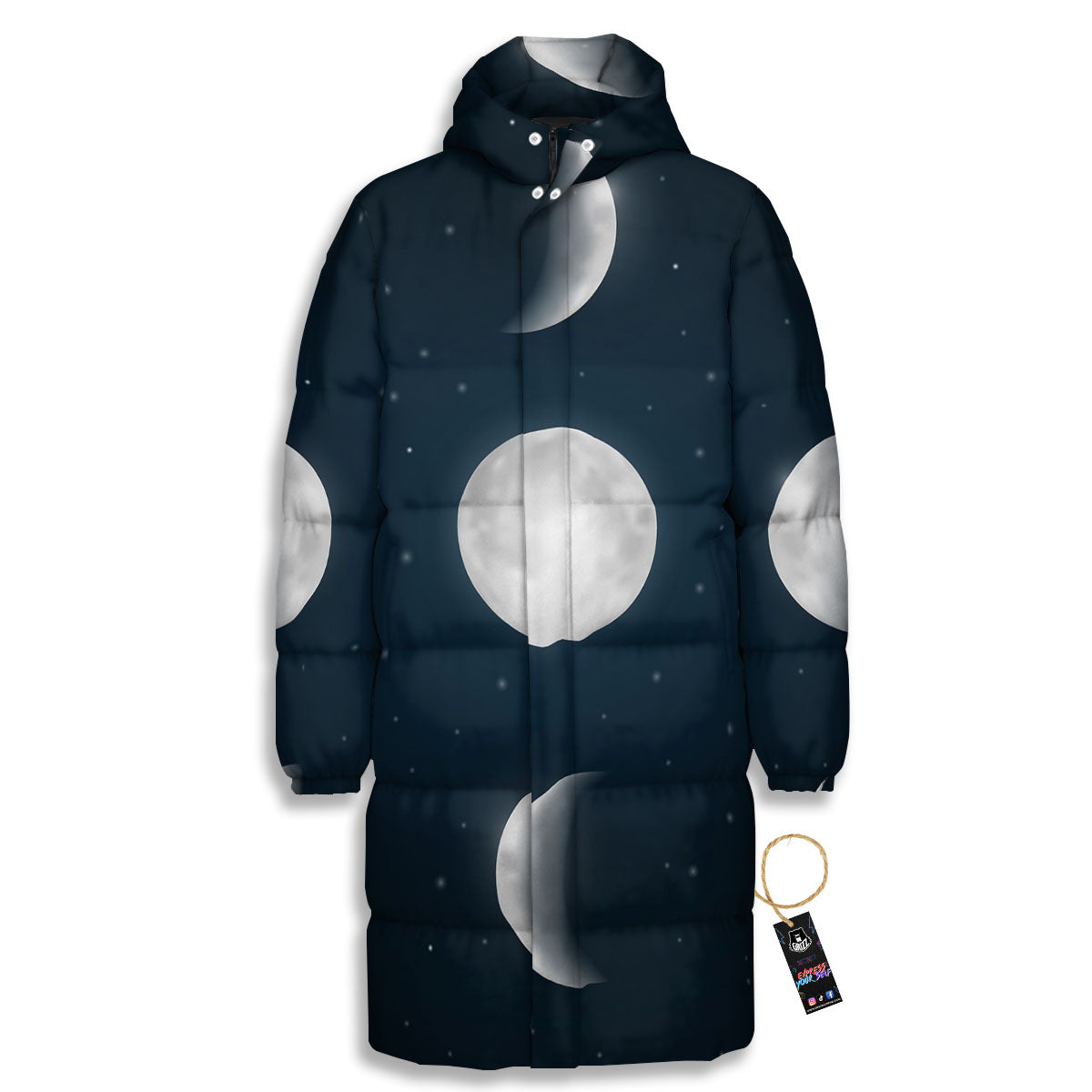 Sky Moon Night Phase Print Long Down Jacket-grizzshop