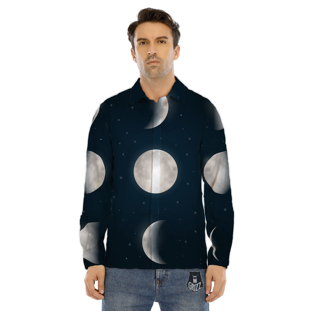 Sky Moon Night Phase Print Men's Dress Shirts-grizzshop