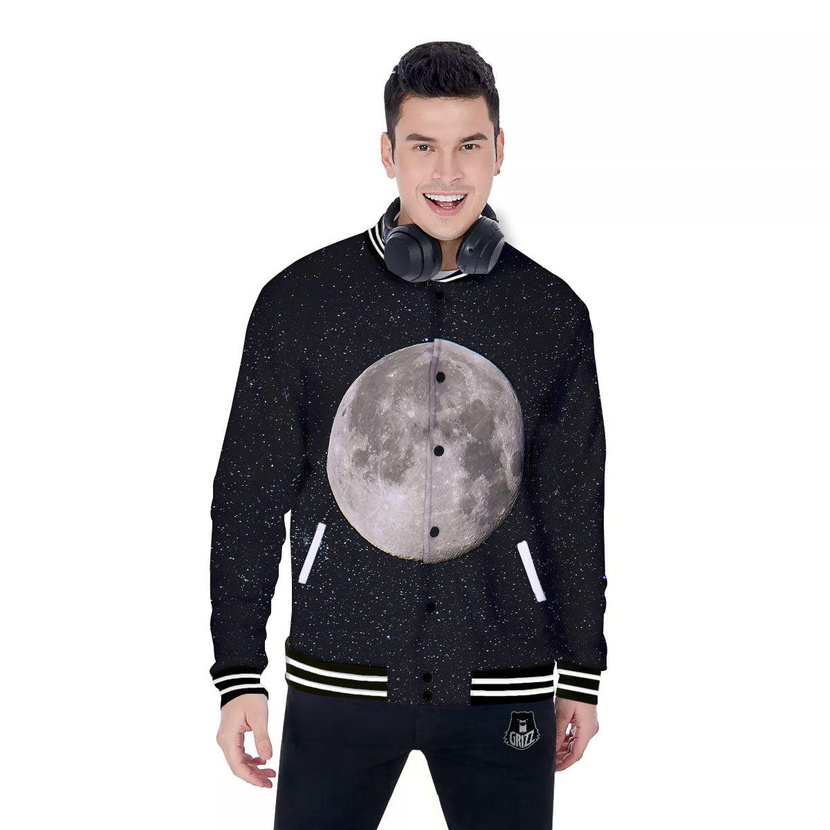 Sky Night Full Moon Print Baseball Jacket-grizzshop