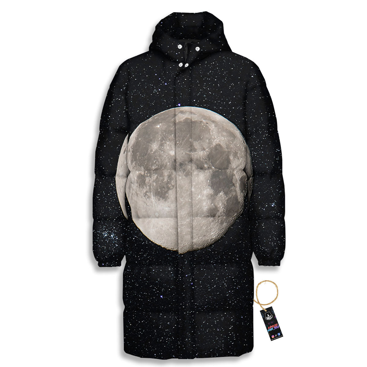 Sky Night Full Moon Print Long Down Jacket-grizzshop