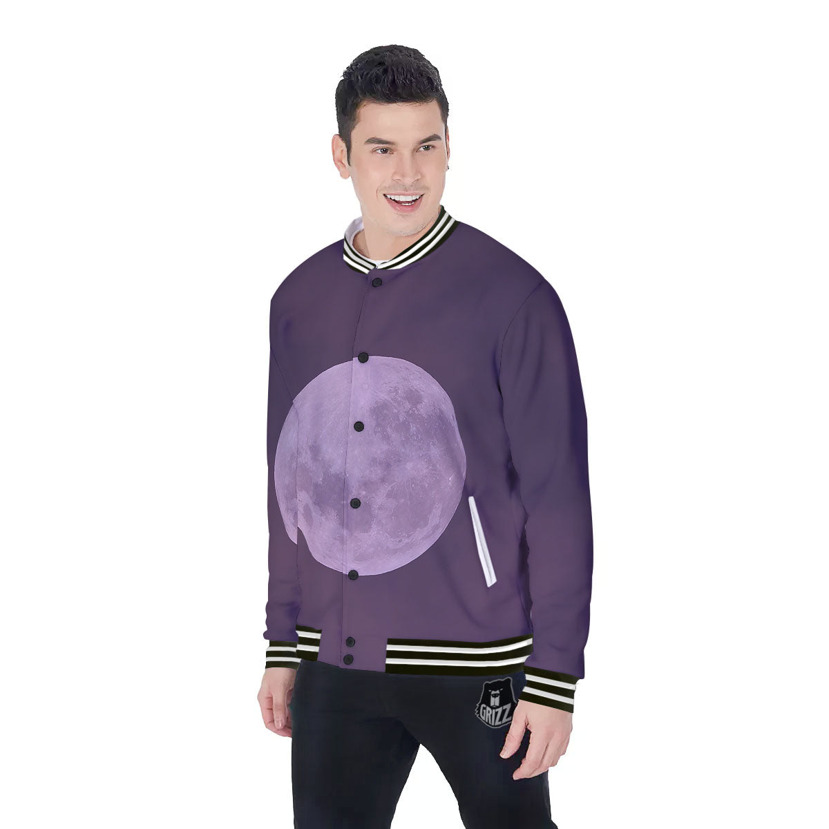 Sky Purple And Full Moon Print Baseball Jacket-grizzshop