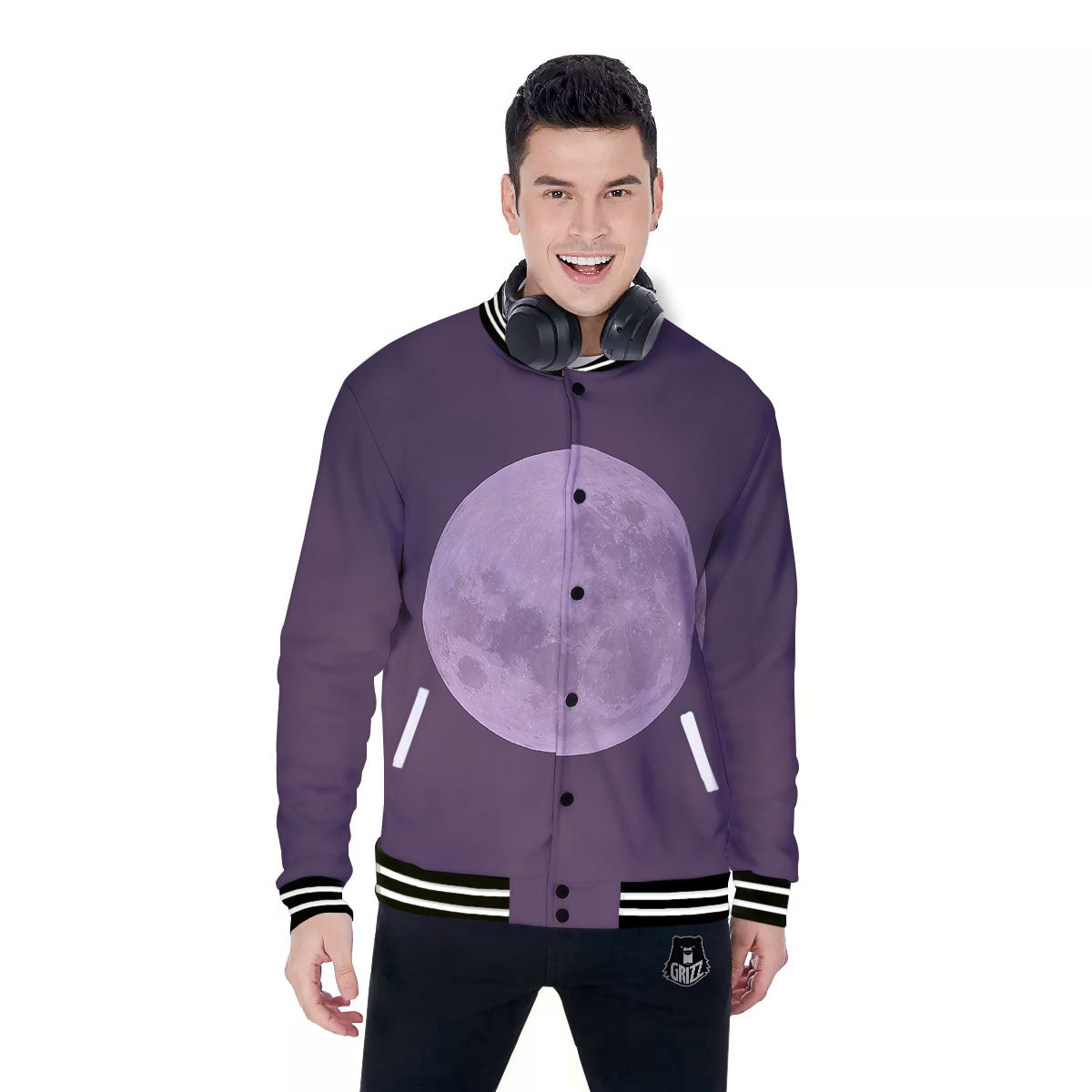 Sky Purple And Full Moon Print Baseball Jacket-grizzshop