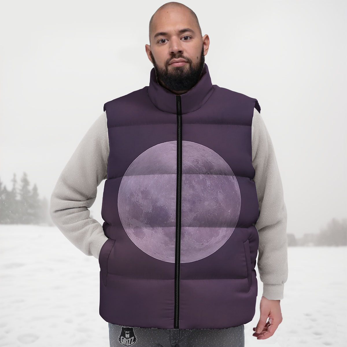 Sky Purple And Full Moon Print Down Vest