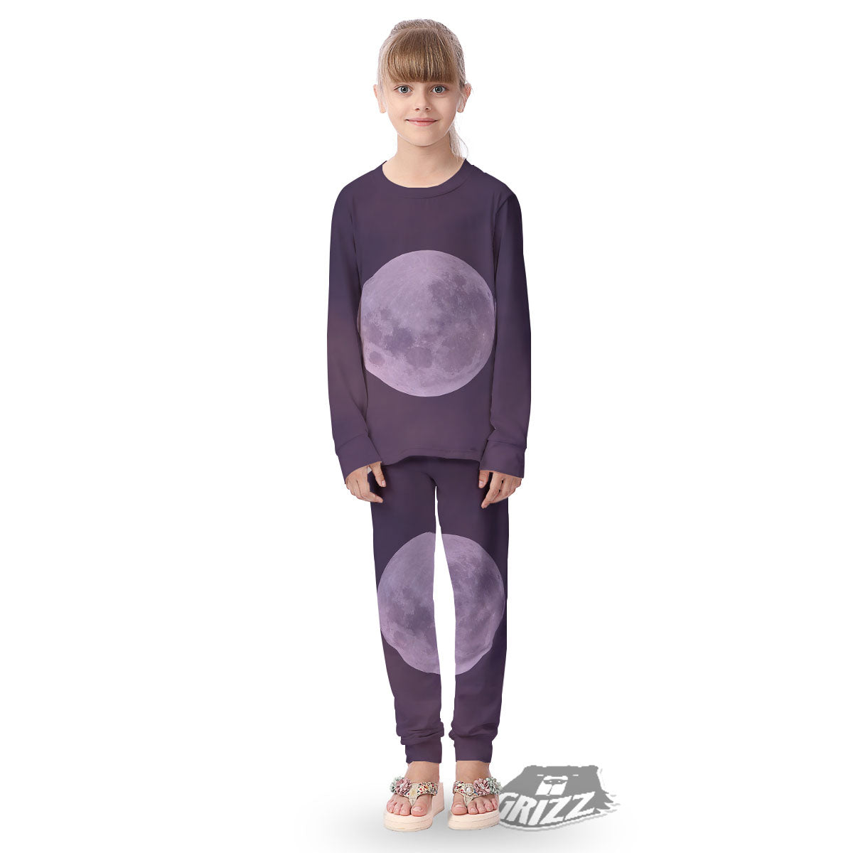 Sky Purple And Full Moon Print Kid's Pajamas-grizzshop