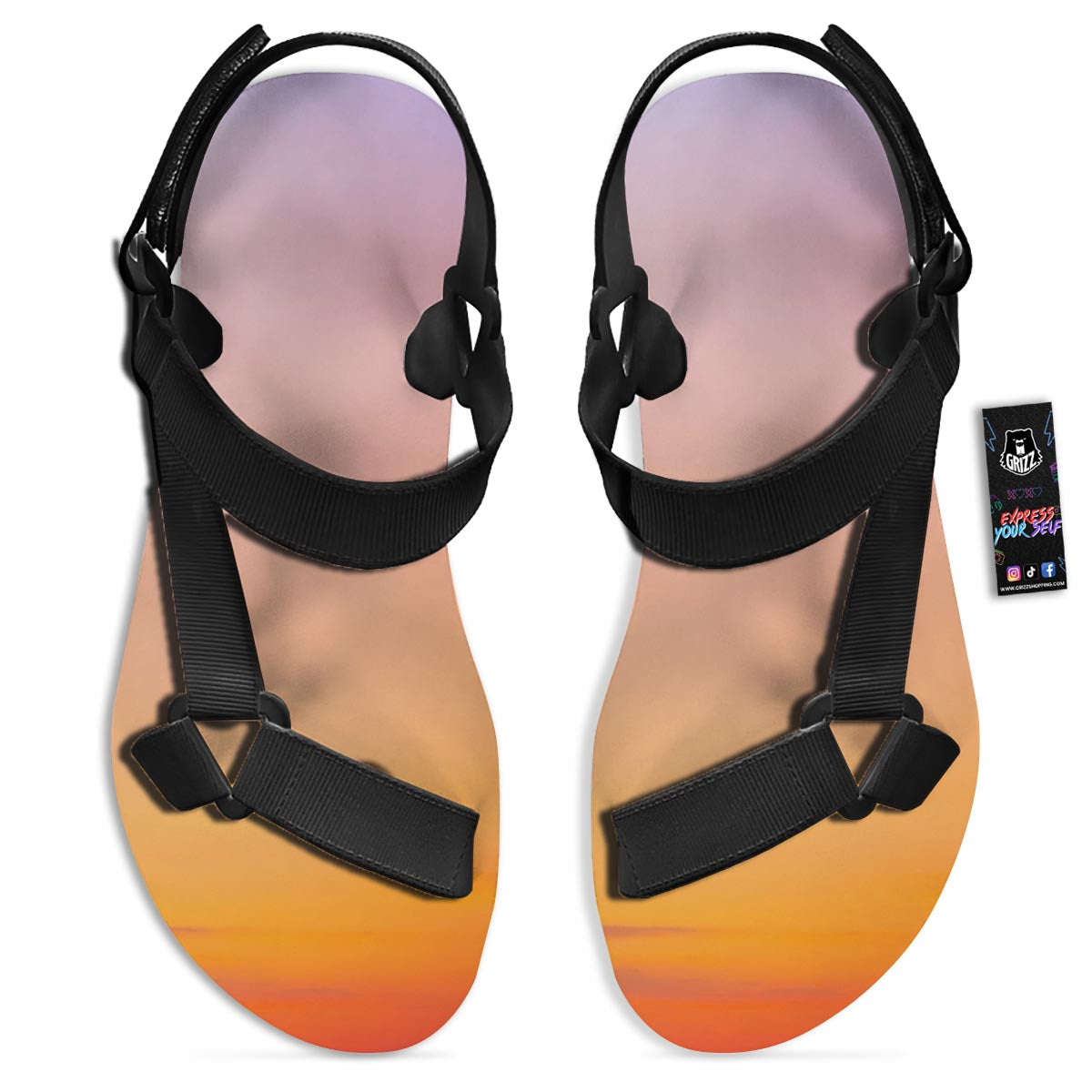 Sky Sunrise Print Black Open Toe Sandals-grizzshop