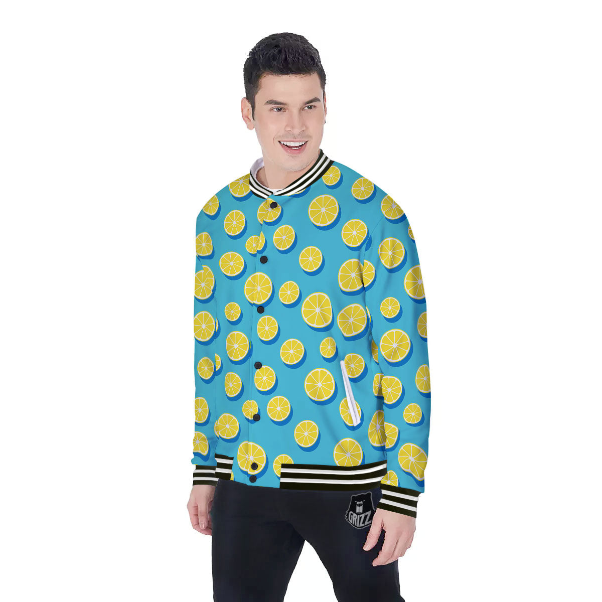 Slices Lemon Print Pattern Baseball Jacket-grizzshop