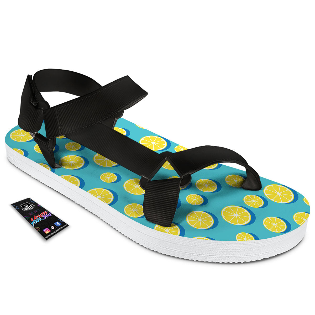 Slices Lemon Print Pattern Black Open Toe Sandals-grizzshop