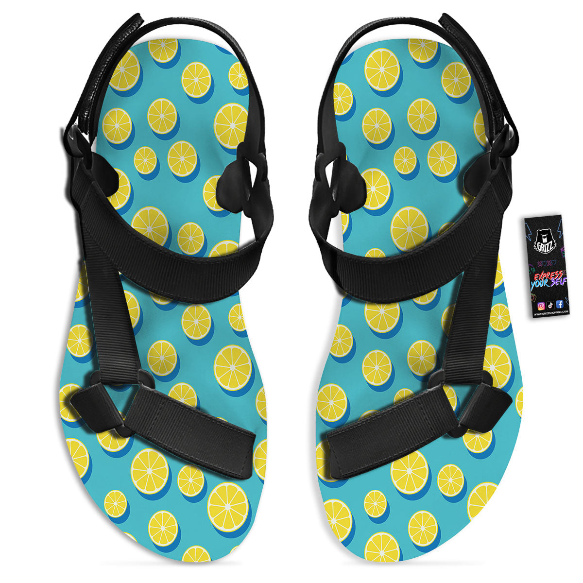 Slices Lemon Print Pattern Black Open Toe Sandals-grizzshop