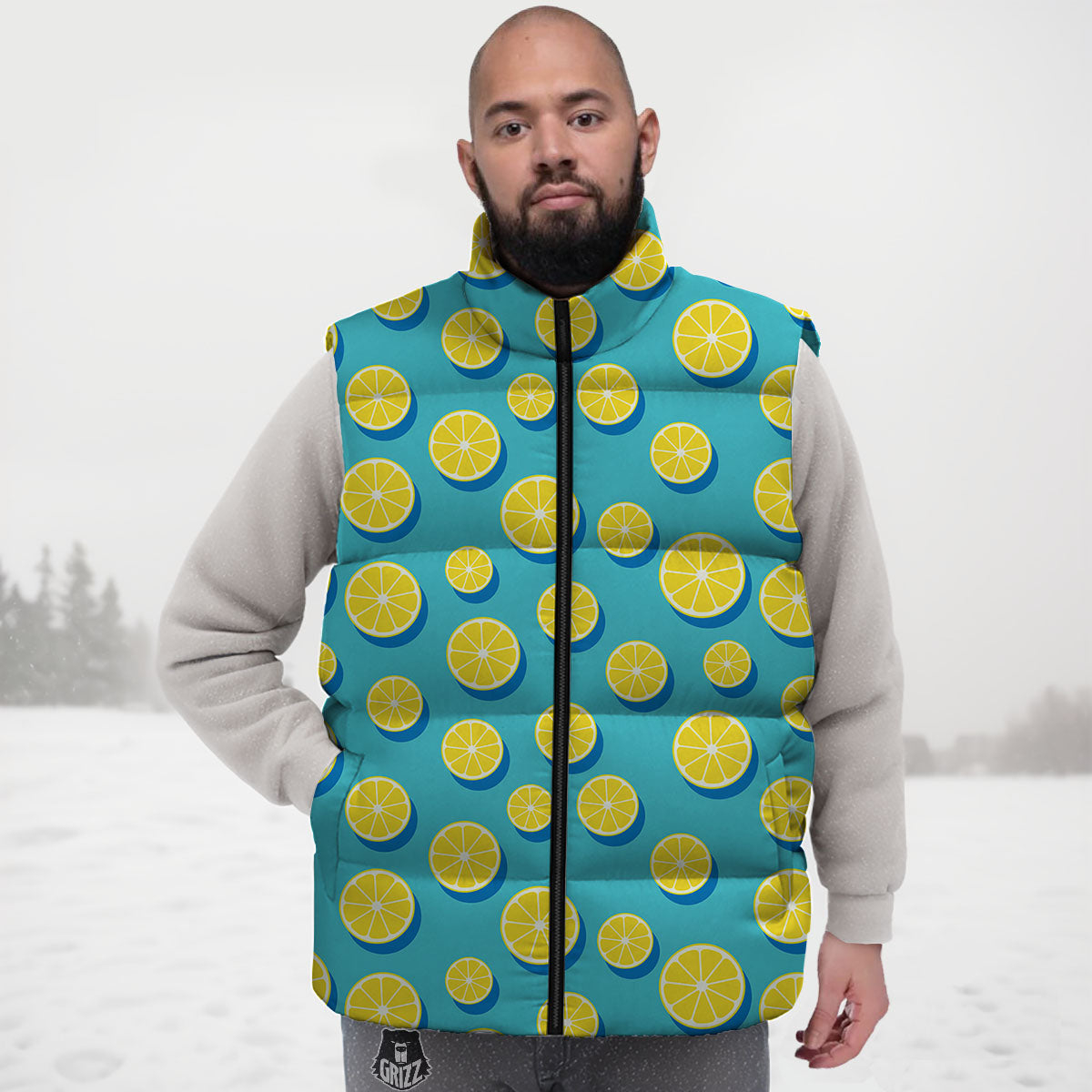 Slices Lemon Print Pattern Down Vest-grizzshop