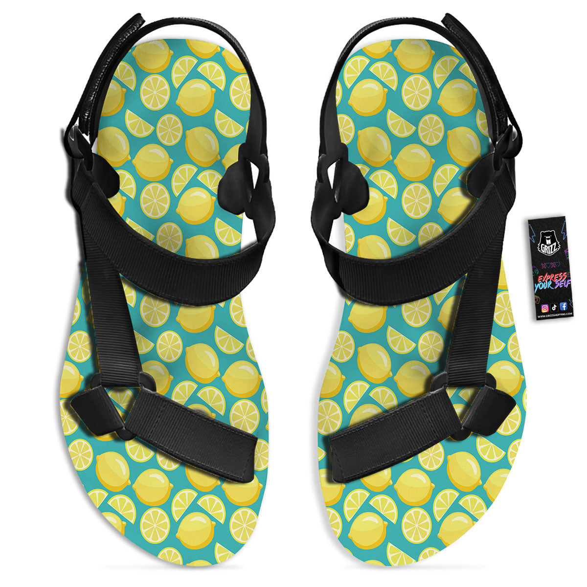 Slices Lime Print Pattern Black Open Toe Sandals-grizzshop