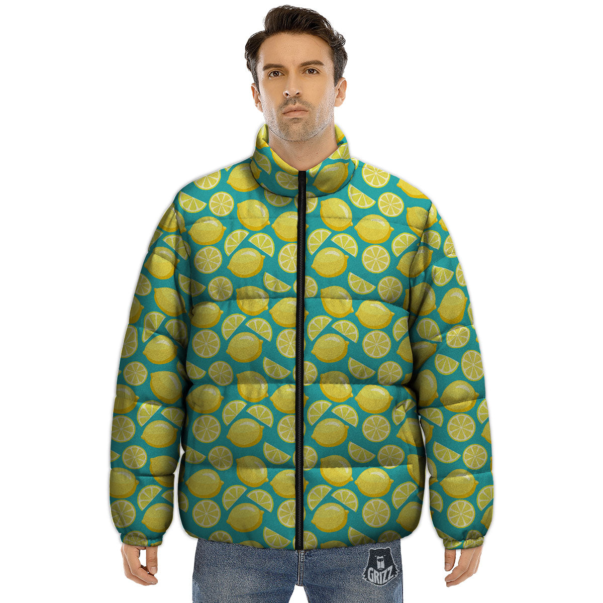 Slices Lime Print Pattern Puffer Jacket-grizzshop