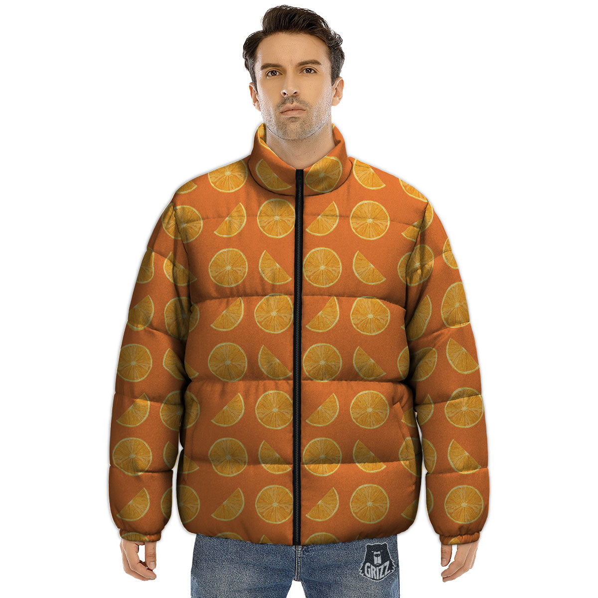 Slices Orange Print Pattern Puffer Jacket-grizzshop