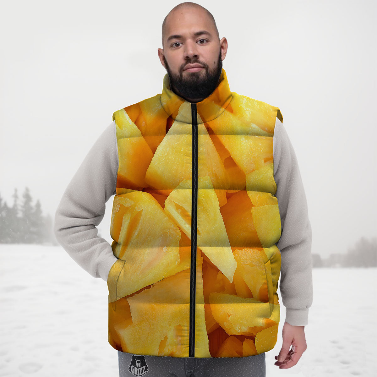 Slices Pineapple Print Down Vest-grizzshop