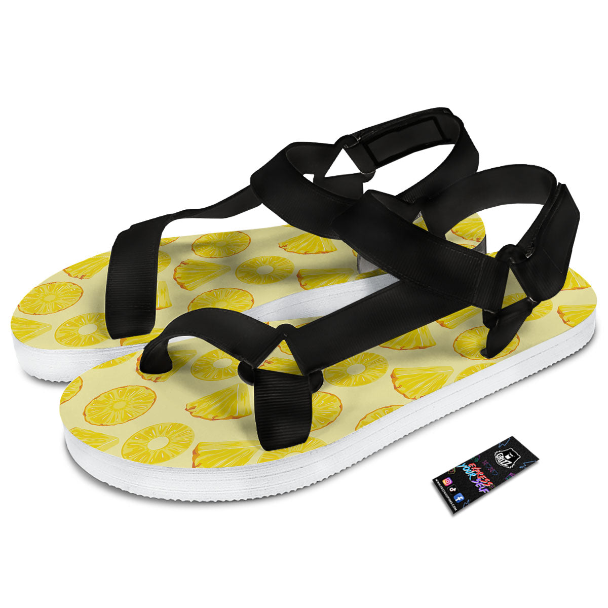 Slices Pineapple Print Pattern Black Open Toe Sandals-grizzshop
