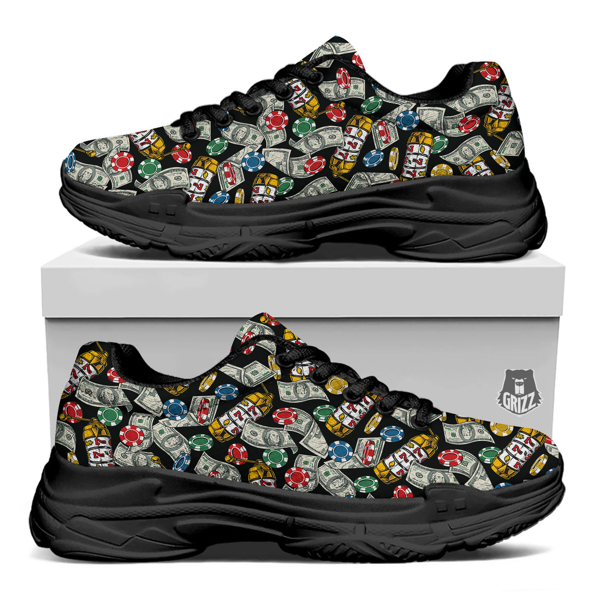 Slot Machines Casino Print Pattern Black Chunky Shoes-grizzshop