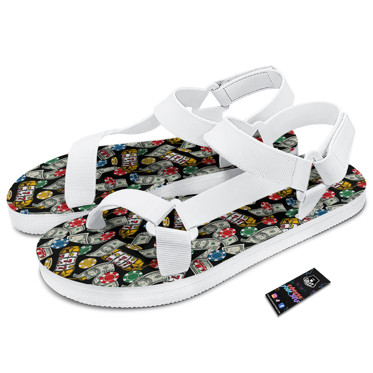 Slot Machines Casino Print Pattern White Open Toe Sandals-grizzshop