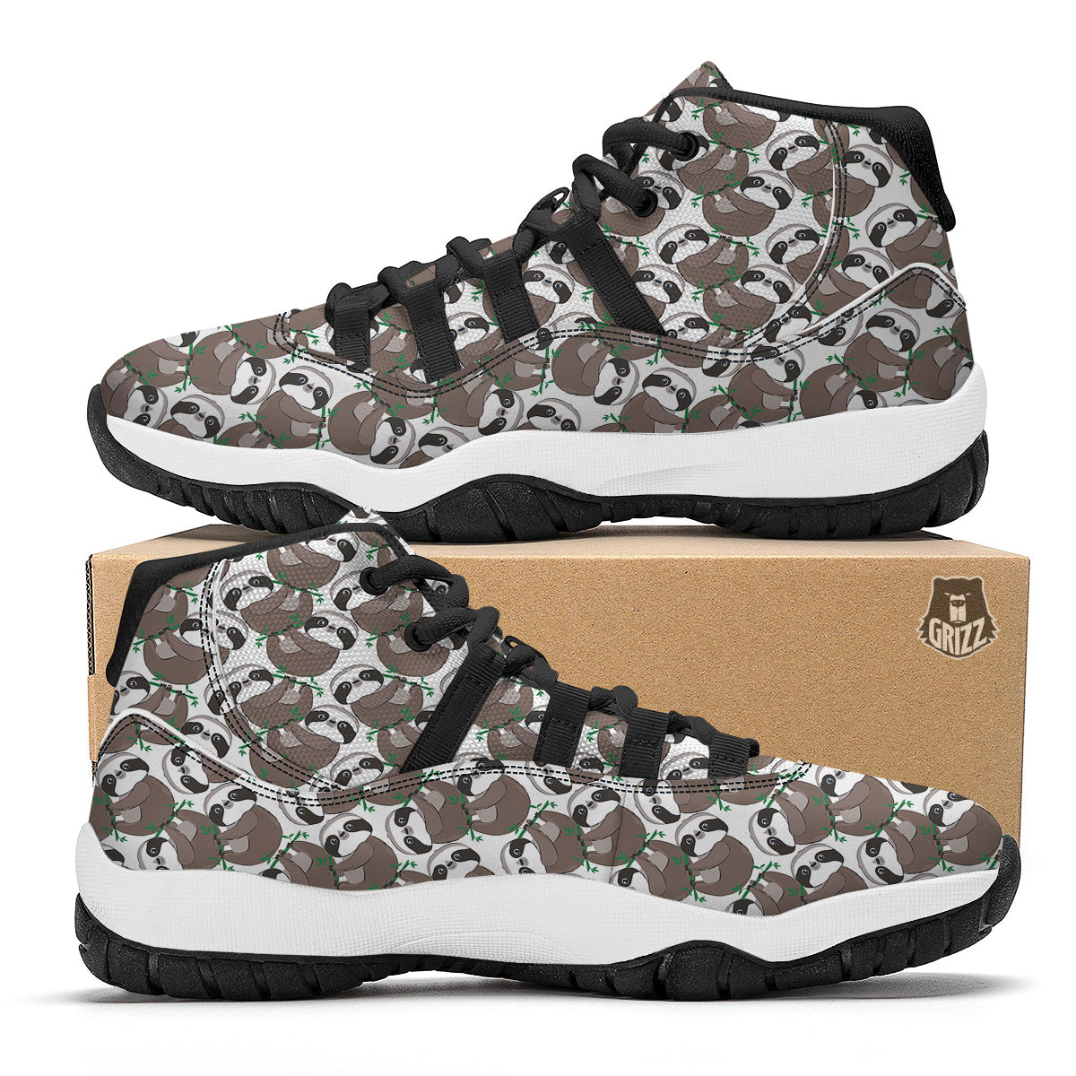 Sloth Bamboo Pattern Print Black Bball Shoes-grizzshop