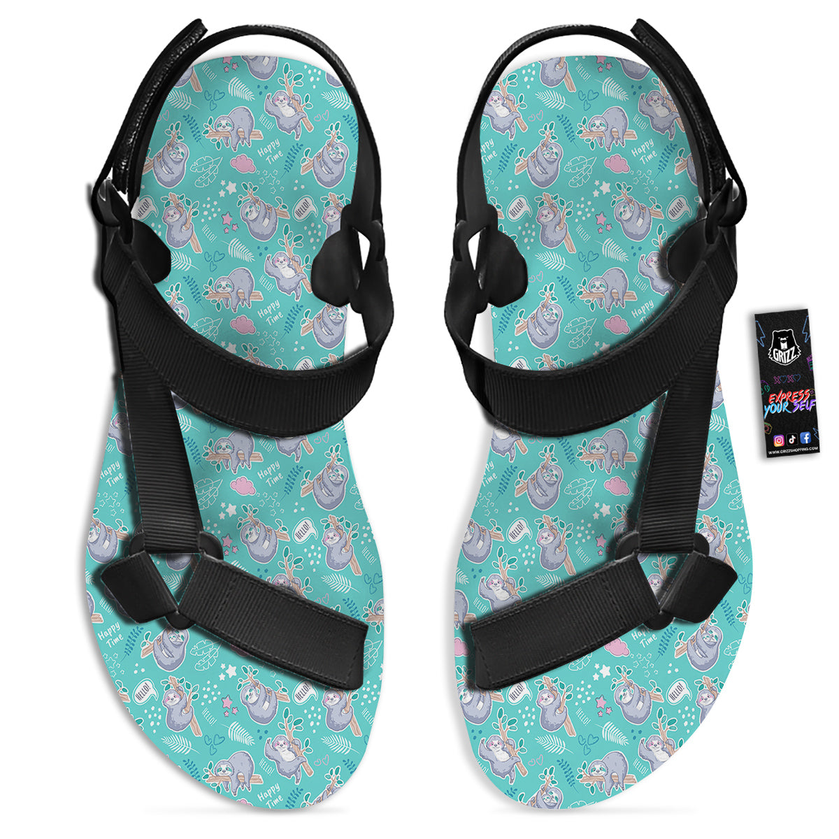 Sloth Cute Print Pattern Black Open Toe Sandals-grizzshop