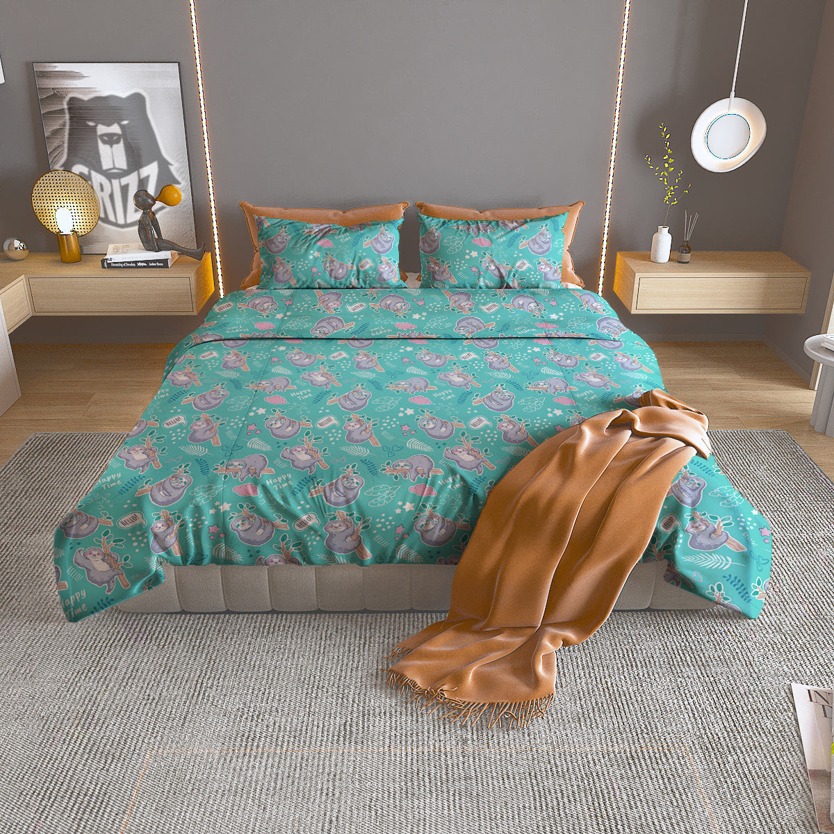 Sloth Cute Print Pattern Duvet Cover Bedding Set