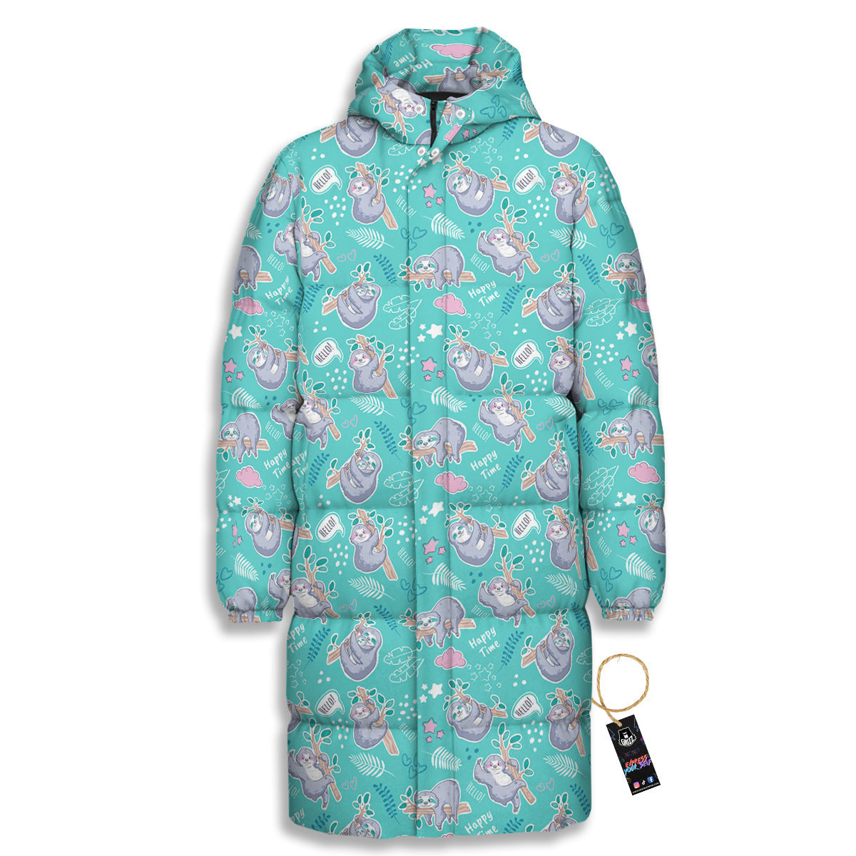 Sloth Cute Print Pattern Long Down Jacket-grizzshop