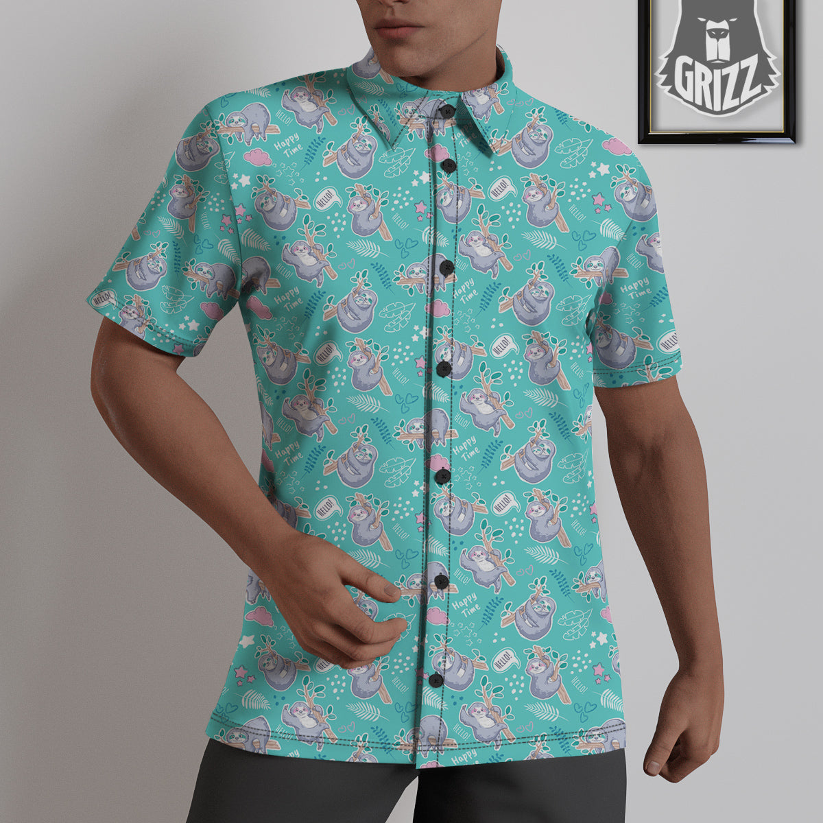 Sloth Cute Print Pattern Untucked Shirts-grizzshop