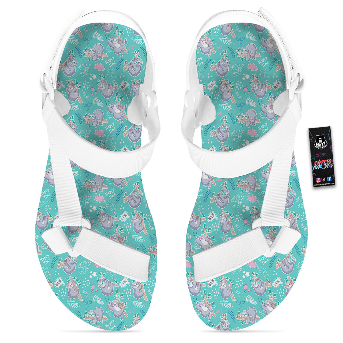Sloth Cute Print Pattern White Open Toe Sandals-grizzshop