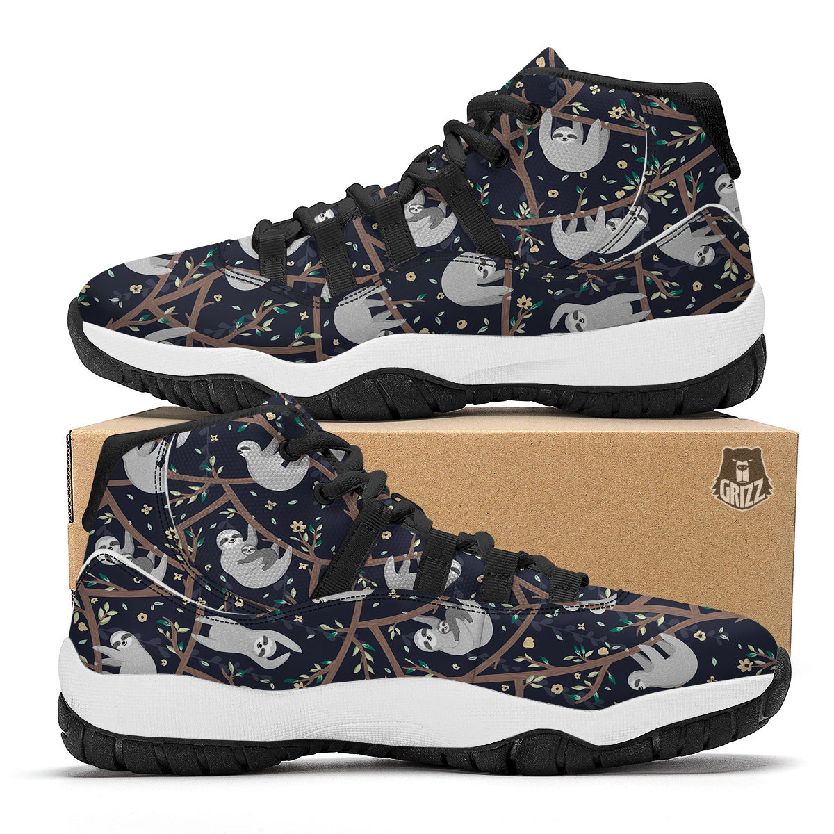 Sloth Floral Pattern Print Black Bball Shoes-grizzshop