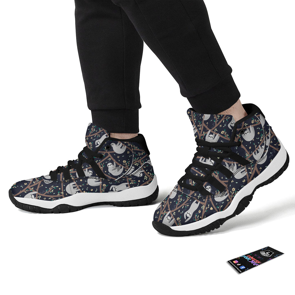 Sloth Floral Pattern Print Black Bball Shoes-grizzshop