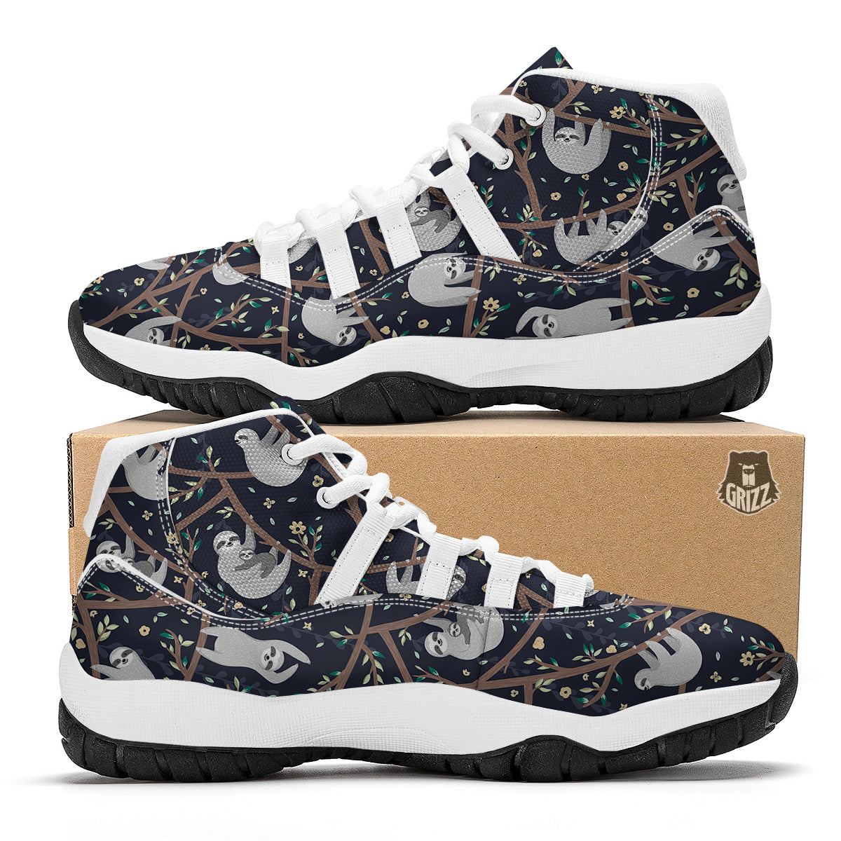Sloth Floral Pattern Print White Bball Shoes-grizzshop
