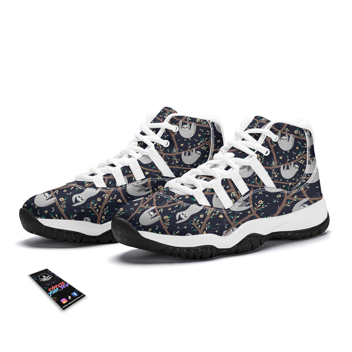 Sloth Floral Pattern Print White Bball Shoes-grizzshop
