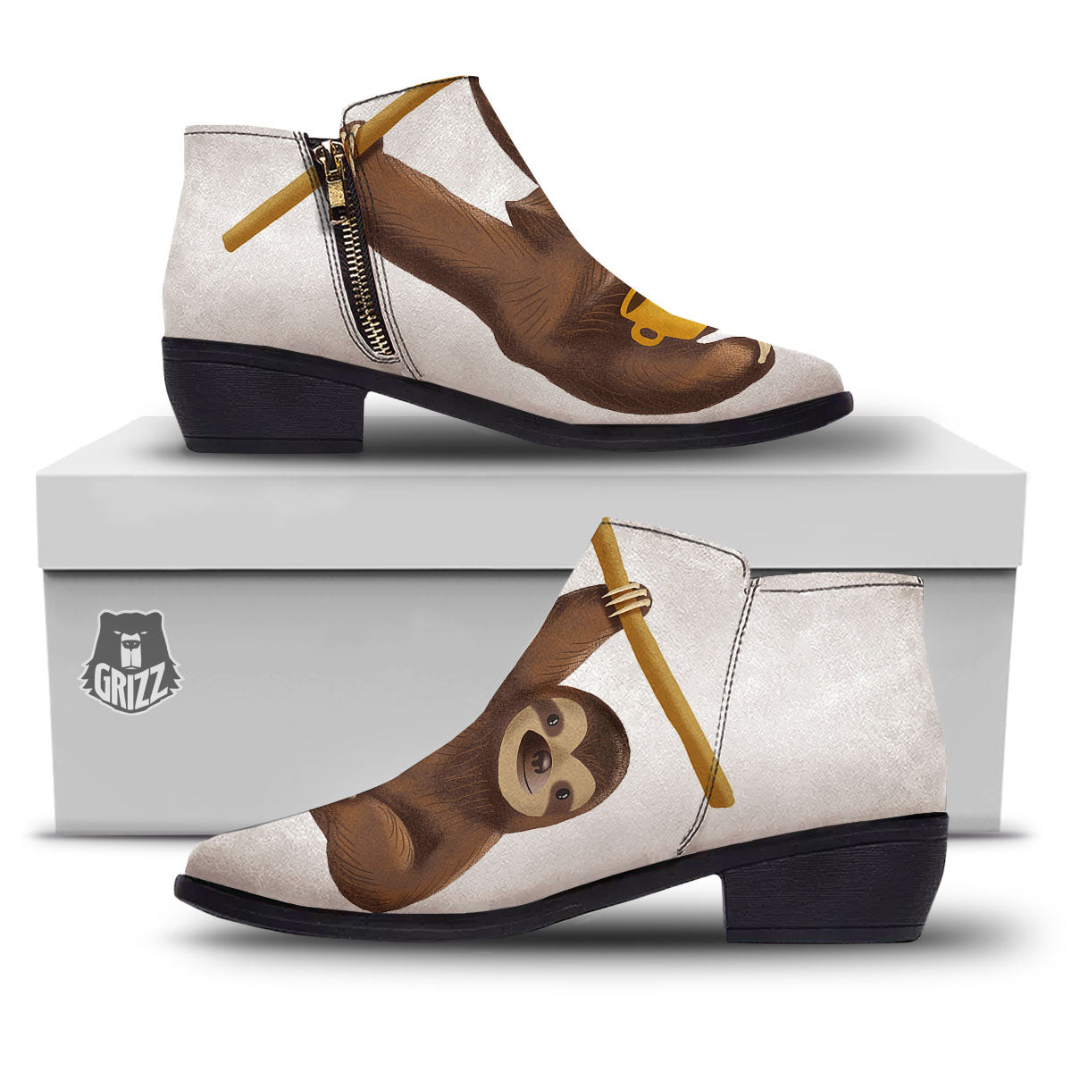 Sloth Happy Print Ankle Boots-grizzshop