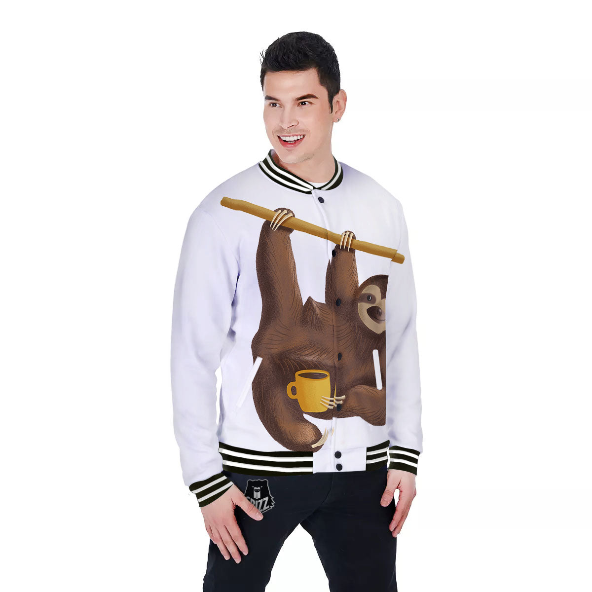 Sloth Happy Print Baseball Jacket-grizzshop