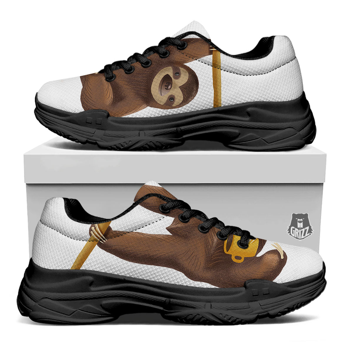 Sloth Happy Print Black Chunky Shoes-grizzshop