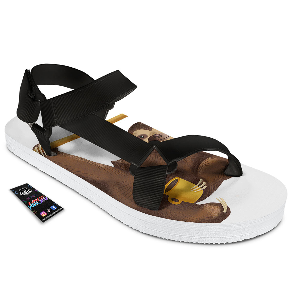 Sloth Happy Print Black Open Toe Sandals-grizzshop