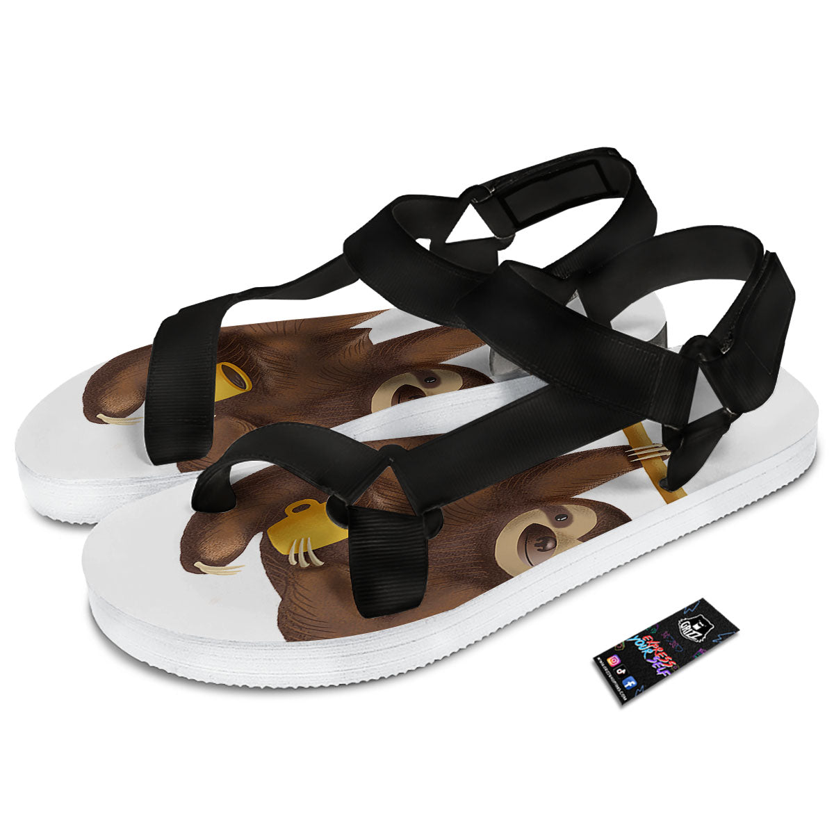 Sloth Happy Print Black Open Toe Sandals-grizzshop